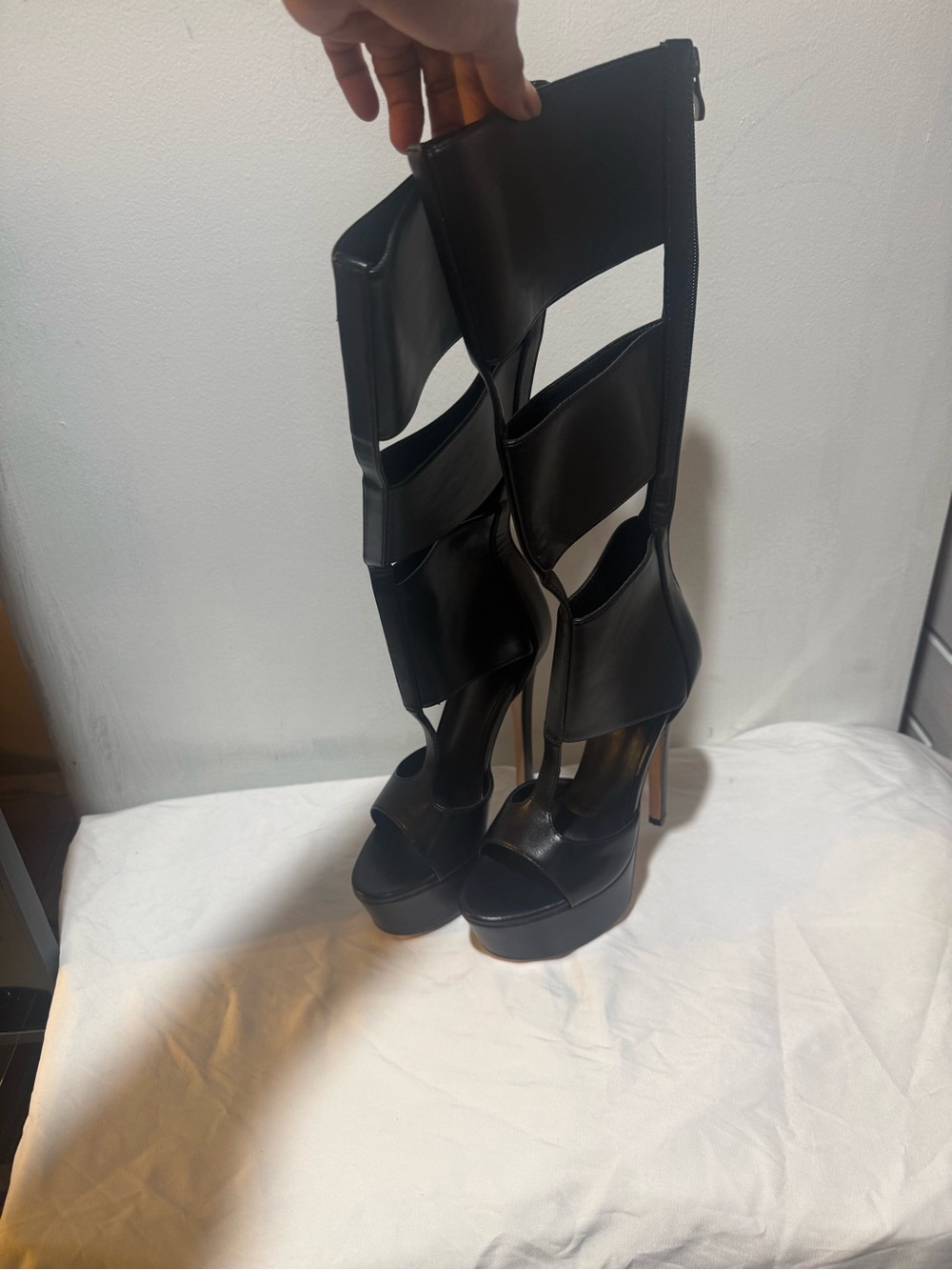 Black Cutout High-Heel Platform Knee Boots